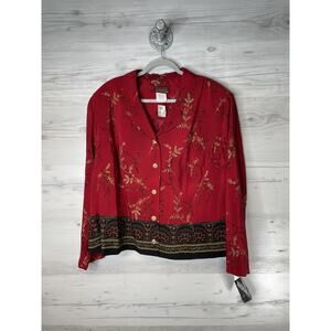 Lisa II Shirt Womens 24W Red Floral Button Front Long Sleeve Border Print